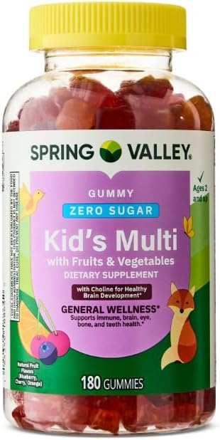 Spring Valley Zero Sugar Kids Multivitamin Gummies with Fruits &amp Vegetables Natural Fruit Flavors 180 Count
