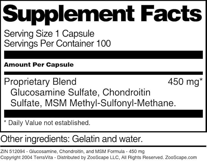 Glucosamine Chondroitin and MSM Formula - 450 mg (100 Capsules ZIN: 512094)