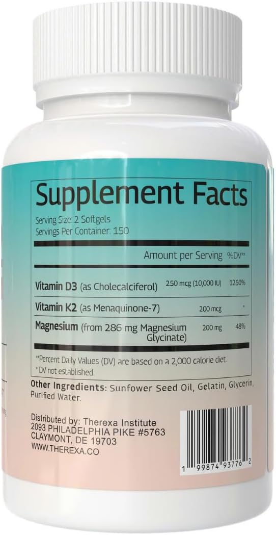 Vitamin D3 K2 Mangesium Supplement - Extra Strength with 10000 IU Vitamin D3 Magnesium Glycinate and 200 mcg K2 MK-7 Vitamin Supplements Complex for Women &amp Men - 300 Softgels