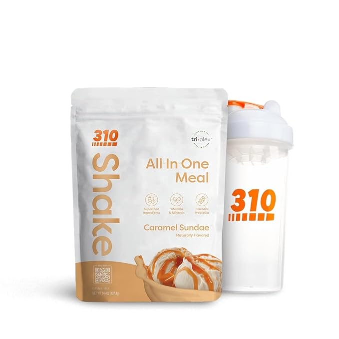 310 Nutrition Meal Replacement Shake Powder Starter Kit with Shaker Cup - Vegan Protein Fiber &amp Superfood Blend - Sugar-Free Low-Carb Keto &amp Paleo Friendly - Caramel Sundae - 14 Servings