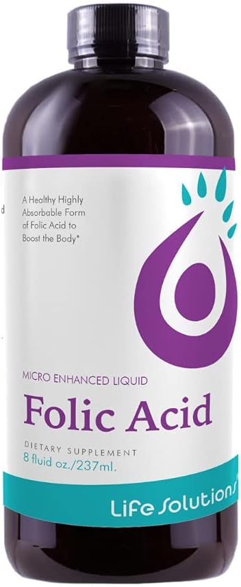 Life Solutions Liquid Folic Acid Supplement – 800 mcg Vitamin B9 per Serving – Berry Flavor 8 fl oz – Fast Absorption Prenatal Heart &amp Brain Support