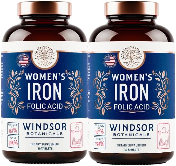 Iron and Folic Acid Supplements for Women - 35mg Gentle Iron Vitamin Folic Acid 400mcg - Anemia Period Pregnancy Support Supplement Ferrous Sulfate Pills - 120 Vegan Non-Constipating Tablets