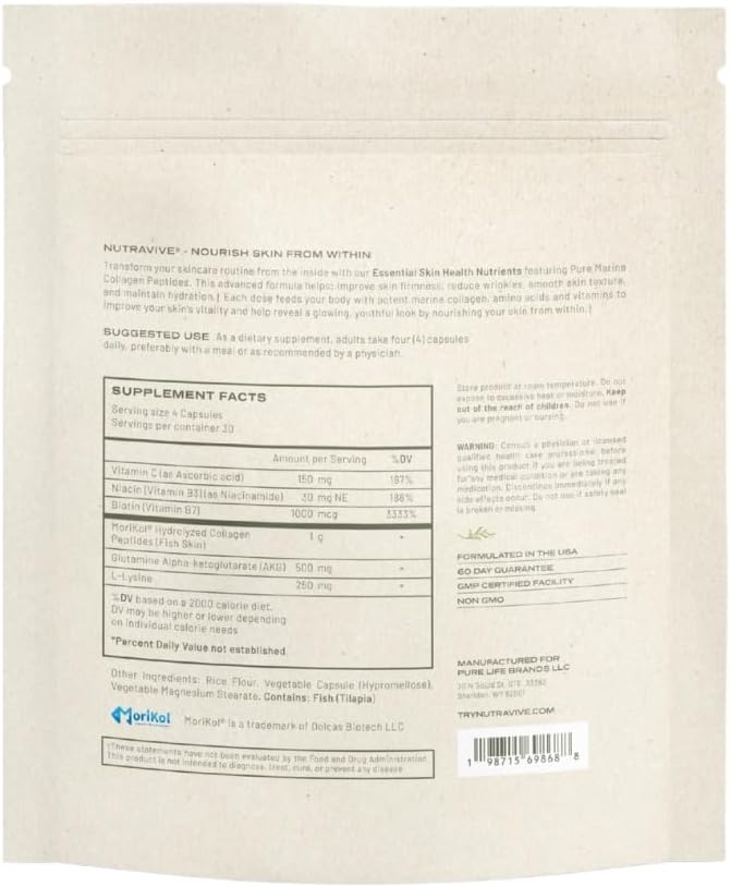 NutraVive Essential Skin Health Nutrients – Hydrolyzed Morikol® Marine Collagen Peptides Amino Acids &amp Vitamins - Promote Firm Reduce Wrinkles &amp Enhance Skin Elasticity - 120 Capsules