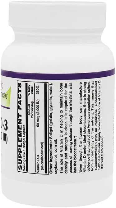 BariatricPal Vitamin D-3 50mcg (2000 IU) - Easy Swallow Vegetarian Softgels (250 Count)