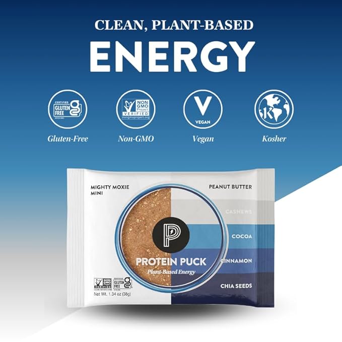 Protein Puck Vegan Plant based Protein Bar – Natural Healthy Snack Bars 12 Count 1.34oz Mini Gluten Free Dairy Free No GMO Kosher – Mighty Moxie – Cocoa Cashew Cinnamon Sport Nutrition
