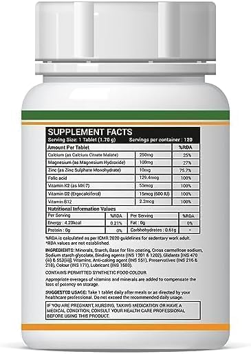 Calcium Magnesium Zinc Vitamin D K2 Folic Acid &amp B12 Vegetarian Tablets Bone &amp Joint Support Supplement | Calcium Supplement for Women Men - 120 Tablets (Pack of 1)