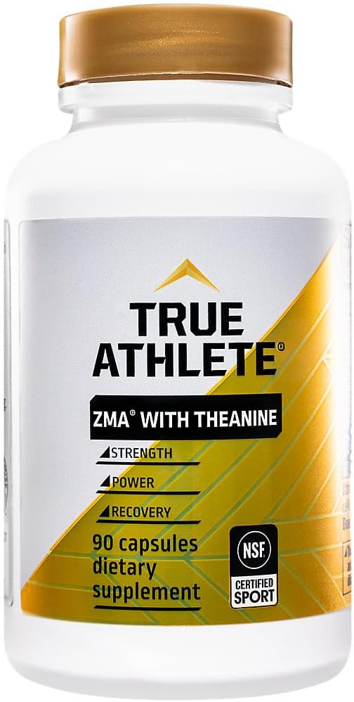 True Athlete ZMA + L Theanine Capsules Zinc Magnesium and Vitamin B6 Supplement for Active Men and Women Supports Recovery and Relaxation Gluten Free Sugar Free 90 Capsules