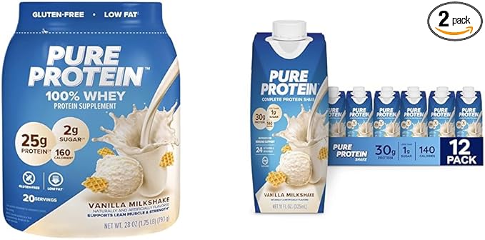 Pure Protein Powder Whey High Protein Low Sugar Gluten Free Vanilla Cream 1.75 lbs &amp Vanilla Protein Shake 30g Complete Protein Vitamins A C D and E Plus Zinc