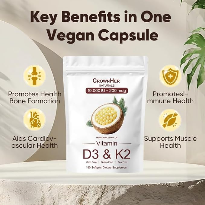 Naturals D3 K2 Vitamin d3 k2 10000 IU+ K2 200 mcg MK-7 Coconut Oil Extra Strength Bone &amp Immune Support 180 Softgels