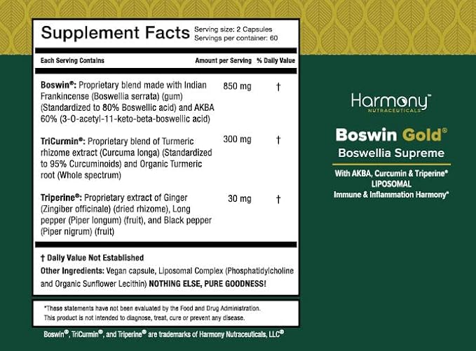 Harmony Nutraceuticals Boswin Gold Liposomal - Highest Potency Maximum Bioactivity Dr. Gumman's Clinical Grade Synergized with Turmeric &amp Triperine