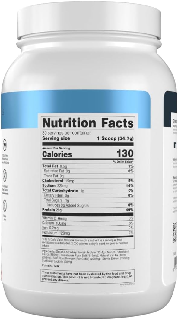 Transparent Labs Grass-Fed Whey Protein Isolate - Natural Flavor Gluten Free Whey Protein Powder w/ 28g of Protein per Serving &amp 9 Essential Amino Acids - 30 Servings Strawberry Milkshake