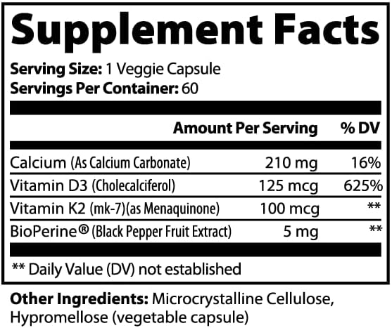 Bone &amp Heart Support K2 + D3-3rd Party Tested Supports Bone and Cardiovascular Support 60 Capsules