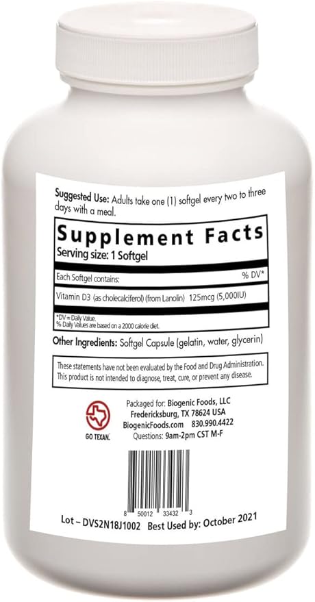 Vitamin D3 Softgel - High Potency Bone &amp Immune Health from Lanolin Source - 5000 IU