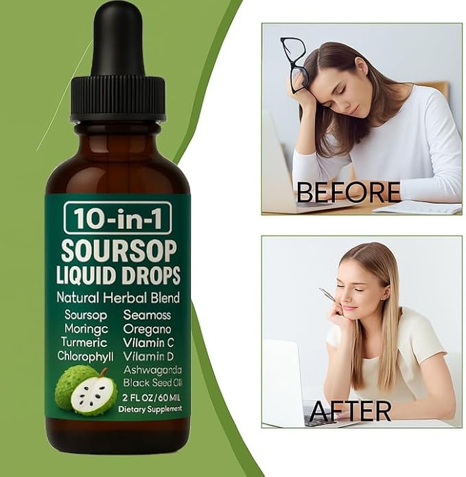 QIZFYZZ Soursop Natural Drops 10-in-1 Soursop Extract Drops with Sea Moss Moringa Turmeric Black Seed Oil Oregano Ashwagandha Immune Support | Improving Gut Health | Heart Health 2 Fl Oz (2)