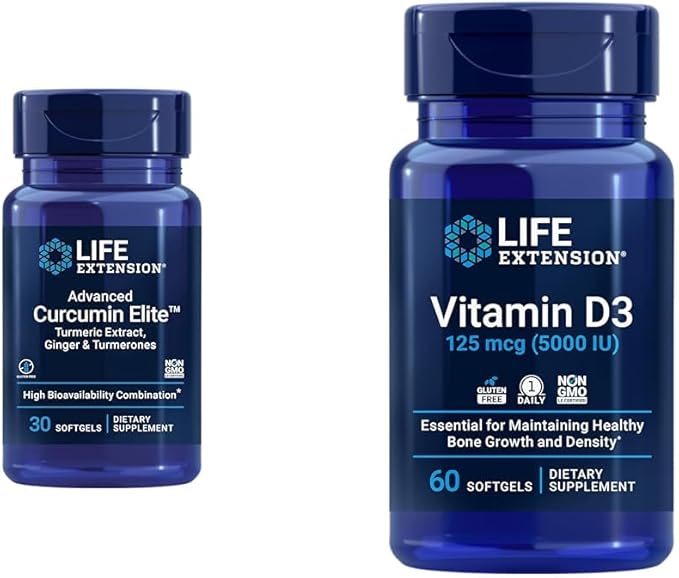 Life Extension Curcumin Elite Turmeric Ginger Extract &amp Vitamin D3 5000 IU Softgels - Healthy Inflammatory Immune Response and Bone Brain Health - 30 &amp 60 Count