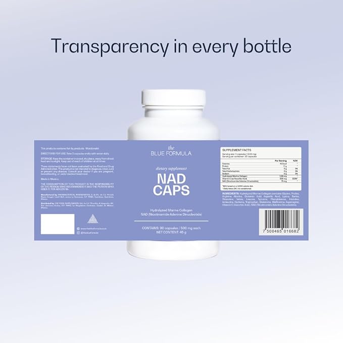 NAD Caps - NAD (Nicotinamide Adenine Dinucleotide) + Hydrolyzed Marine Collagen - Daily Supplement - 90 Capsules 500 mg Each - Unflavored