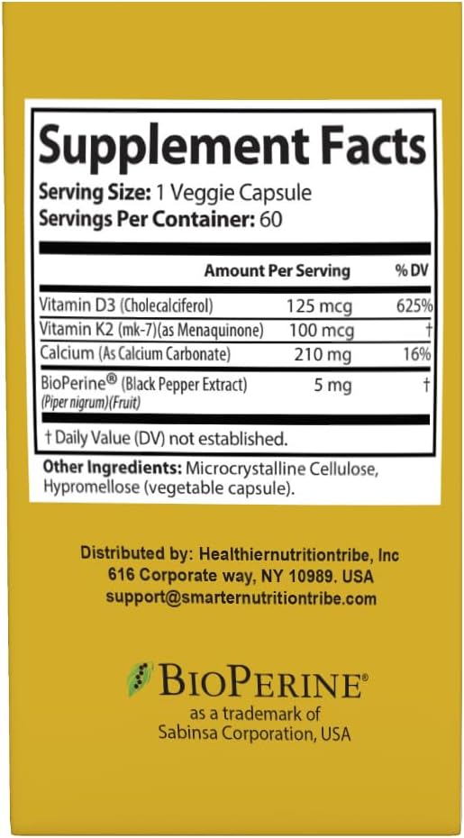Vitamin D3 K2 Supplement | Bone Heart &amp Immune Support | High Absorption Non-GMO Gluten-Free | 60 Vegan Capsules
