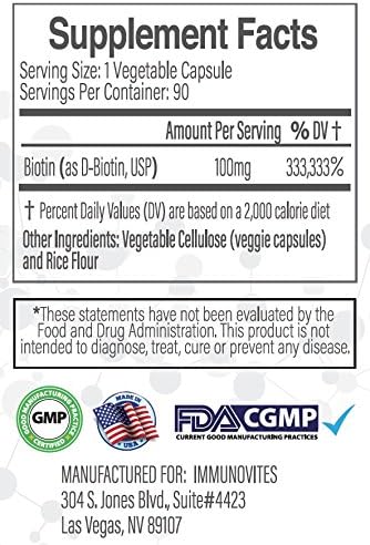 IMMUNOVITES High Dose Biotin (as d-Biotin USP) 100mg (Equivalent to 100000mcg) 90 Capsules High Potency