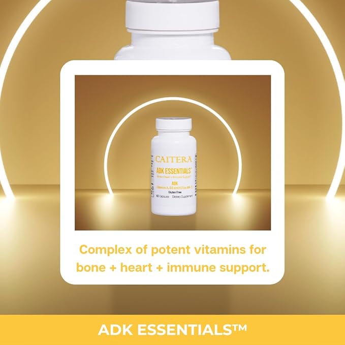 ADK Essentials | Vitamin A D K (as MK-7) Dietary Supplement for Bone + Heart + Immunity | Supports Bone Density/Integrity Calcium Utilization and Cardiovascular System | Vegan 60 Capsules