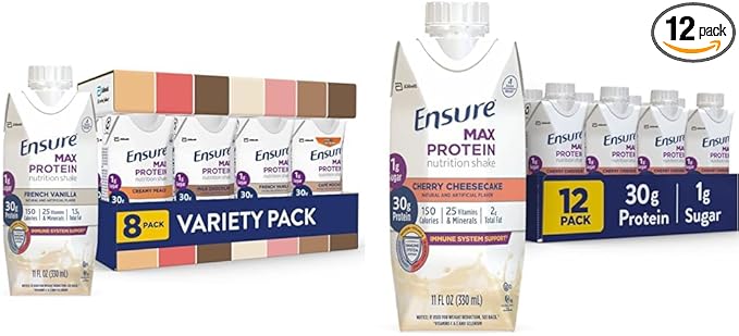 Ensure Max Protein Nutrition Shakes Variety Pack With 30g of Protein &amp Max Protein Nutrition Shake with 30g of Protein 1g of Sugar High Protein Shake Cherry Cheesecake 11 fl oz (Pack of 12
