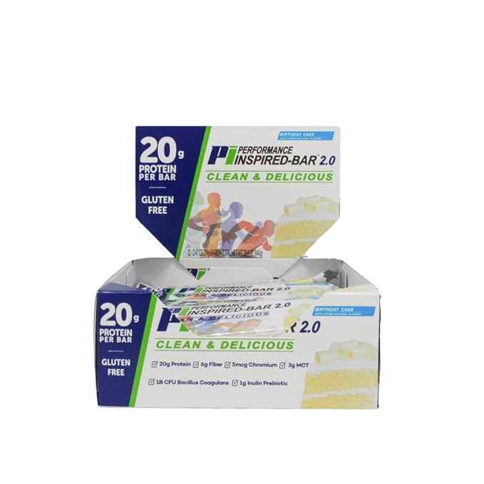 Performance Inspired Nutrition Protein Bar 2.0 – 20G Protein 6G Fiber 3G MCTs 1 Billion CFU Probiotics – Gluten-Free – Birthday Cake Flavor – 12 Count