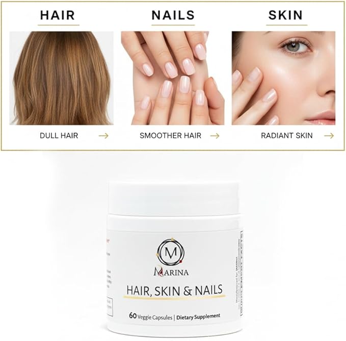 Marina - Ultra Advanced Beauty Supplement - Biotin 5000mcg &amp Collagen Supplement for Healthy Hair Strong Nails &amp Youthful Skin Support Made in USA - Women &amp Men | 60 Capsules