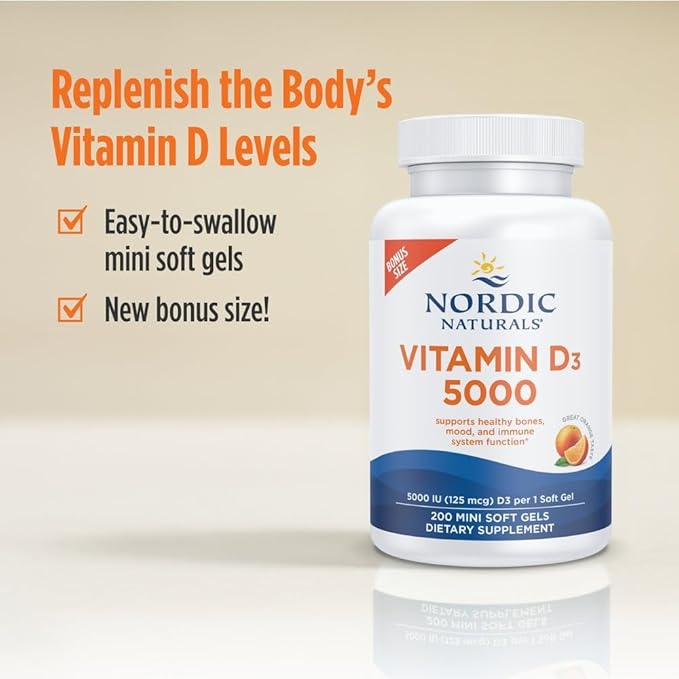 Nordic Naturals Vitamin D3 5000 Orange - 200 Mini Soft Gels - Support for Healthy Bones Mood &amp Immune System - Vegetarian - Non-GMO - 200 Servings