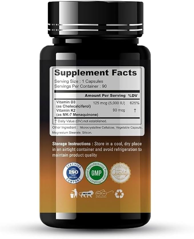 Vitamin D3 K2 Capsules | 90 Veg Capsules | 2 in 1 Support for Heart Health | Strong Bones &amp Muscle Strength | Immunity &amp Mood Booster | Dietary Supplement