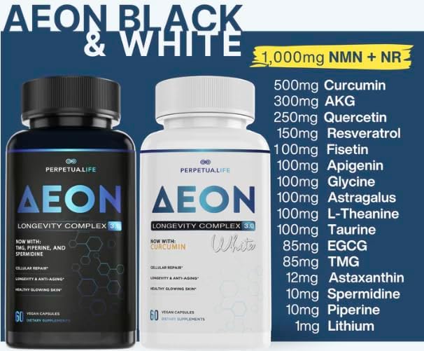 AEON Black &amp White Longevity Complex Bundle with NAD+ Curcumin Resveratrol Astaxanthin Fisetin Quercetin AKG Apigenin Glycine Anti-Aging Supplement Vegan 1-Month Supply