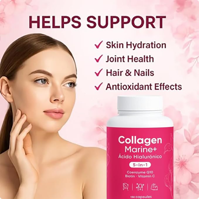 Hydrolyzed Marine Collagen + Hyaluronic Acid Formula – 5-in-1 Beauty &amp Wellness Blend with CoQ10 Biotin &amp Vitamin C – Vegan Friendly Non-GMO 150 Capsules