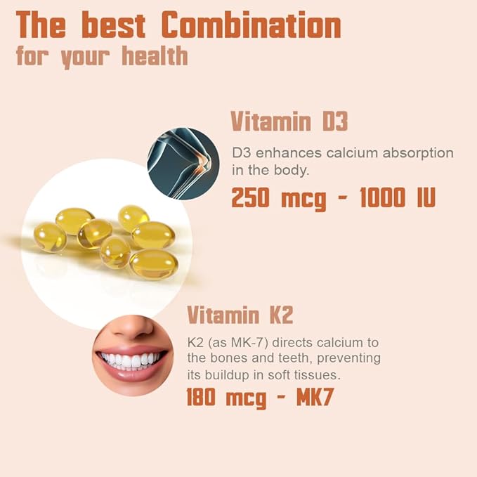 Health Dose Vitamin D3 10000 IU + K2 (MK7) Supplement 2-in-1 Formula Immune Support a Healthy Mood Heart Joint Teeth Bone Health Calcium Absorption 180 softgels. (1)
