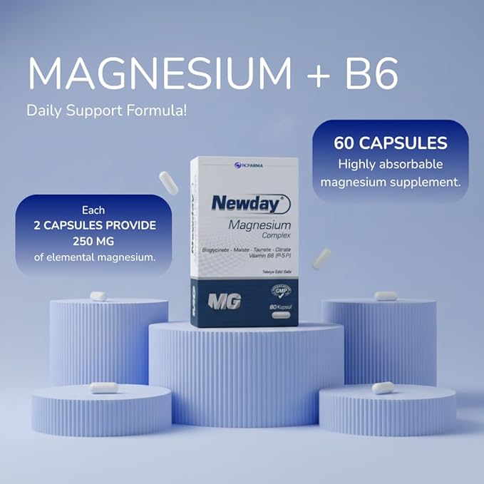 Newday Magnesium Complex with Vitamin B6 (P-5-P) High Absorption Magnesium Bisglycinate Malate Taurate Citrate for Muscle Function Nerve Health Energy Support 60 Capsules