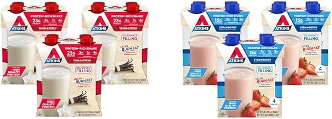 Atkins Vanilla Cream Meal Size Protein Shake 23g Protein &amp Strawberry Protein Shake 15g Protein Low Glycemic 2g Net Carb 1g Sugar Keto Friendly 12 Count