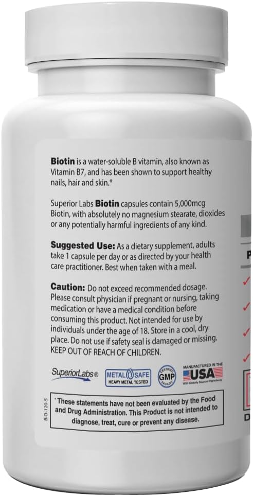 Superior Labs – Best Natural Biotin NonGMO Supplement – for Luscious Longer Hair and Lashes – Stronger Nails – Healthy Skin – Energy Booster – Healthy Weight - 5000 mcg 120 Vegetable Caps