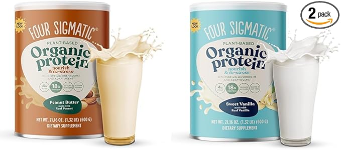 Four Sigmatic Organic Plant-Based Protein Powder Bundle with Peanut Butter Vanilla Flavors Mushrooms and Adaptogens | 21.16 oz