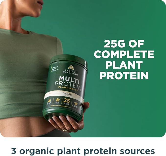 Ancient Nutrition Organic Multi Protein Plant Based Powder 25g Protein Hydrolyzed Pea Protein Digestive Enzymes &amp Probiotics Supports Muscle &amp Gut Health Vanilla 15 Servings