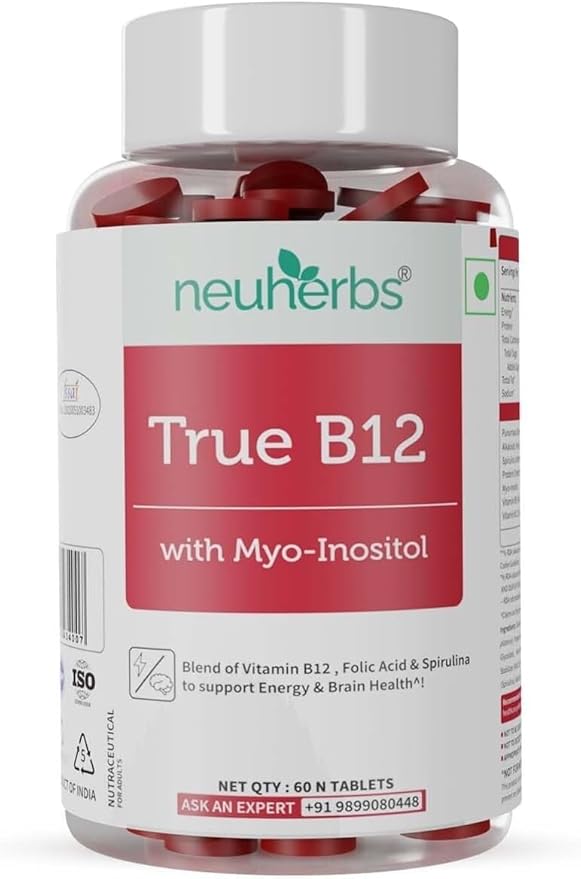 Plant-Based True B12 Supplements for Men &amp Women | with Myo-inositol Folic Acid &amp Spirulina | Supports Energy Brain Health &amp Better Absorption (60 Tablets)