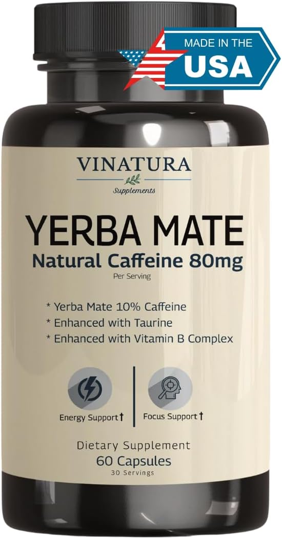 Yerba Mate 1400mg - Magic Natural Caffeine &amp Energy Supplements *USA Made &amp Tested* High Potency Enhanced with Taurine and Vitamin B Complex - 60 Capsules