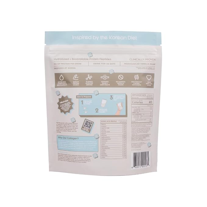 Crushed Tonic Bovine Collagen Powder Korean Beauty Drink with Hydrolyzed Collagen Peptides for Skin Hair &amp Nails | Gluten-Free Halal &amp Kosher (Vanilla bean 30 Servings Pouch)
