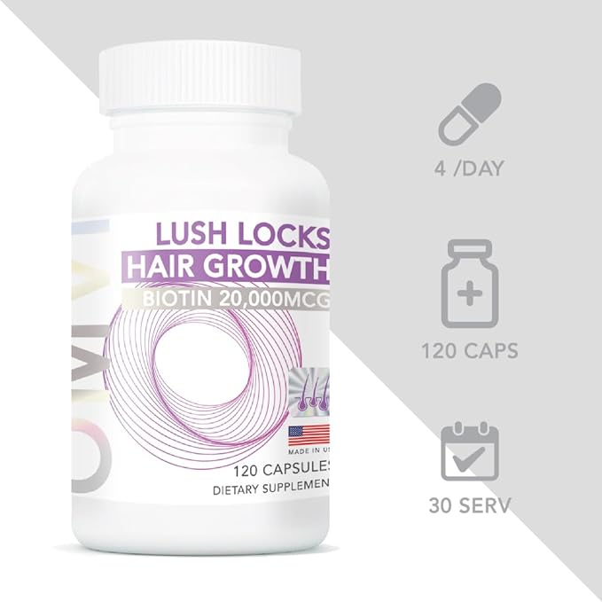 Omvi Formulas Hair Growth Supplement with Biotin 20000mcg Collagen Keratin Vitamin A C D3 &amp B12 Stronger Hair Skin and Nails Non-GMO Gluten Free 120Capsules