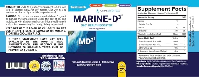 Marine Essentials- Marine D3 Omega 3 Calamari Ecklonia Cava DHA (2 Bottles - 120 Capsules)