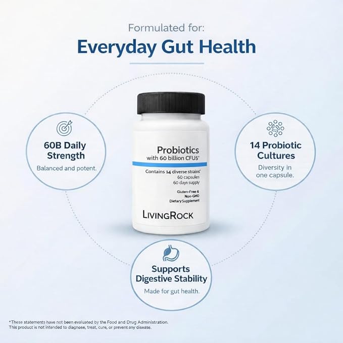 LivingRock Probiotics 60 Billion CFU – 14 Diverse Strains + Prebiotic Fiber (FOS) with Zinc &amp Vitamin D3 – Gluten-Free Non-GMO Dietary Supplement 60 Capsules