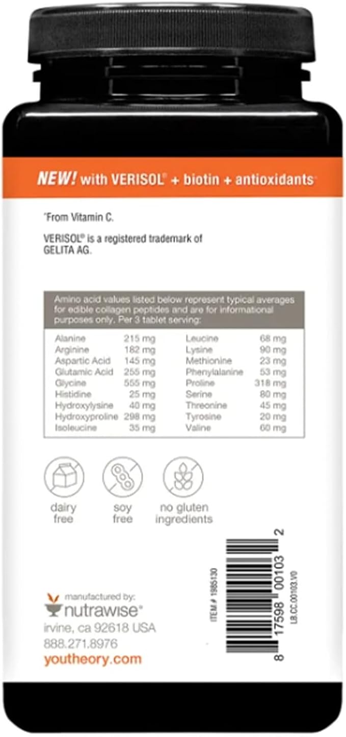 Youtheory Concentrated Effect Collagen with Verisol - Collagen Peptides with Vitamins C &amp B - Supports Hair Nails Bones &amp Joints - 345 Tablets (115-Day Supply)