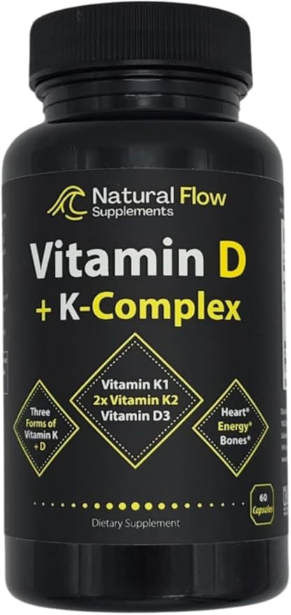 Vitamin D3 with K2 and K1 Supplement - Natural Flow Vitamin D3 and K Complex D3 5000iu with Vitamin K2 MK4 + MK7 and K1 for Bone Heart and Immune Support - 60 Capsules