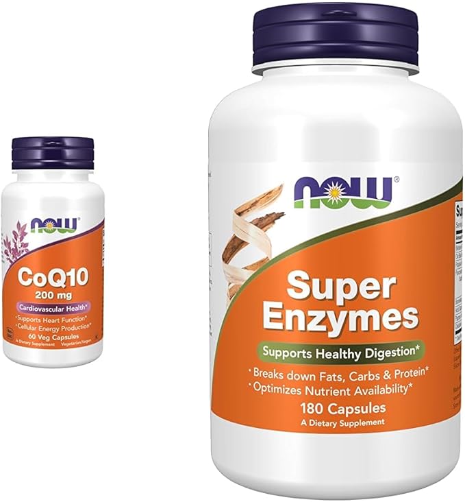 NOW Supplements CoQ10 (Coenzyme Q10) 200 mg Cardiovascular Health* 60 Veg Capsules &amp Supplements Super Enzymes Formulated with Bromelain Ox Bile Pancreatin and Papain180 Capsules