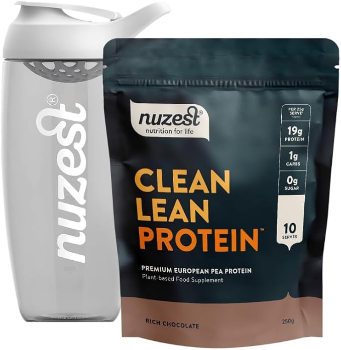 Nuzest Vegan Pea Protein Powder - Clean Lean Protein 8.8 Ounces Rich Chocolate Flavour + Sports Shaker Bottle 24oz