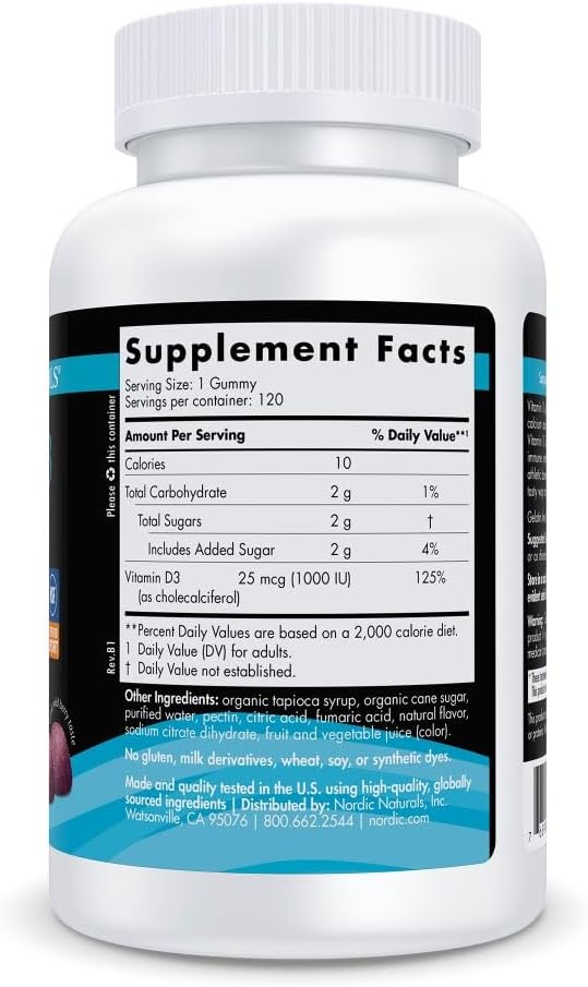 Nordic Naturals Vitamin D3 Gummies Sport Wild Berry - 120 Gummies - 1000 IU Vitamin D3 - NSF Certified - Healthy Bones Mood &amp Immune System Function - Non-GMO - 120 Servings