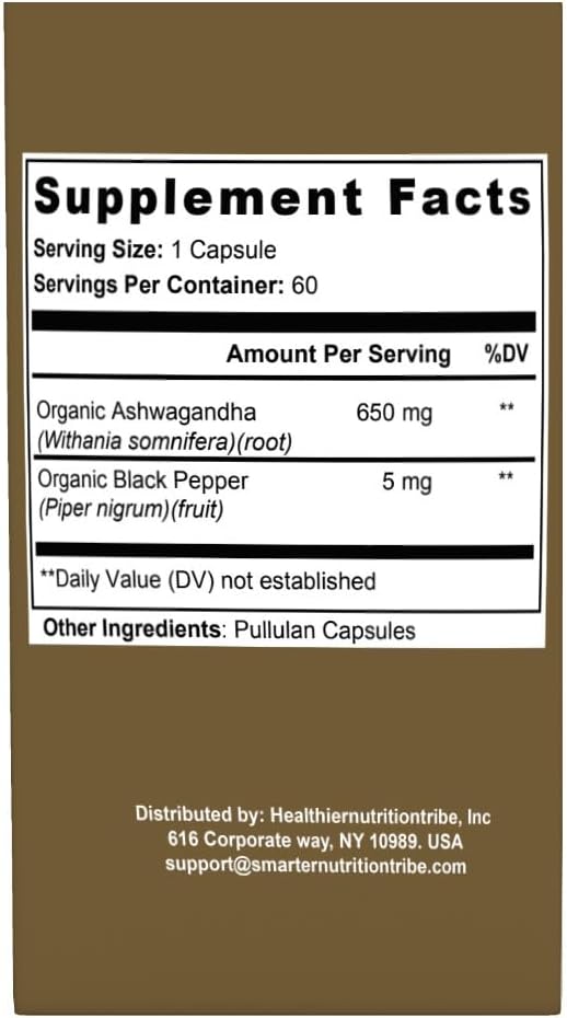 Organic Ashwagandha Root Powder + Extract 656mg with Black Pepper Standardized for Stress Support &amp Calm Gluten‑Free 90 Vegan Capsules