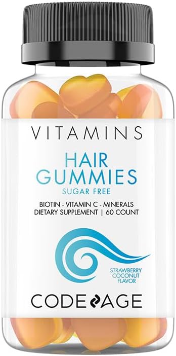 Codeage Hair Gummies Biotin 5000 mcg Sugar Free Growth Gummy Vitamins A C B6 B12 D3 Zinc Inositol Supplement Women &amp Men Pantothenic Folic Acid Nails Skin Strawberry Coconut Flavor 6