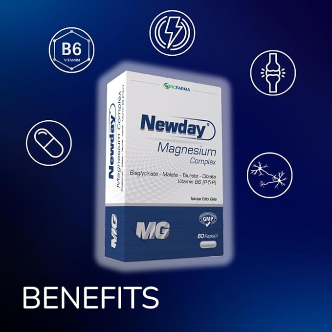 Newday Magnesium Complex with Vitamin B6 (P-5-P) High Absorption Magnesium Bisglycinate Malate Taurate Citrate for Muscle Function Nerve Health Energy Support 60 Capsules